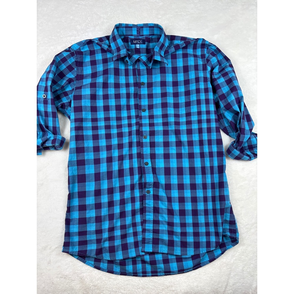 MADE Cam Newton Mens Large Blue Purple Plaid Roll Tab Sleeve Button Down Shirt